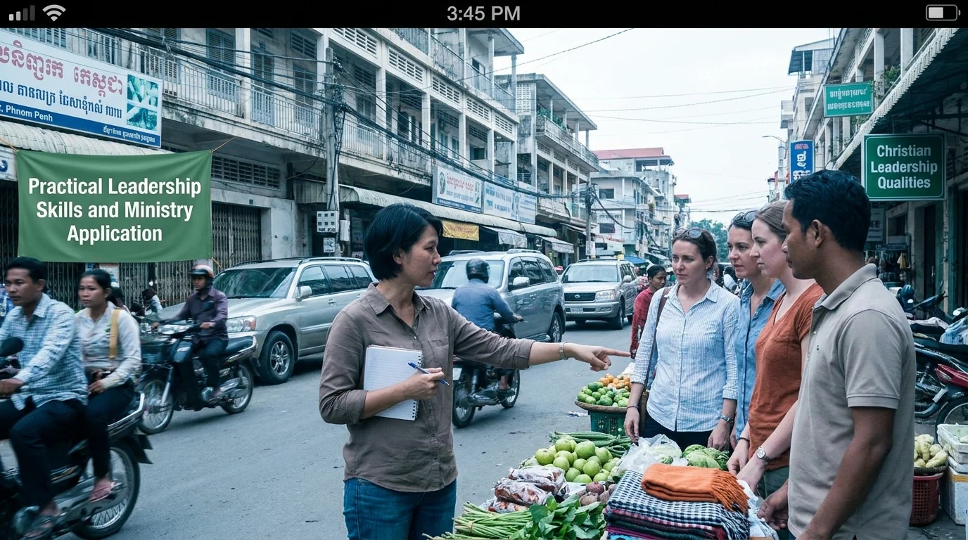 A leader guides a small group through a busy Phnom Penh street market, pointing out details amid traffic and produce vendors