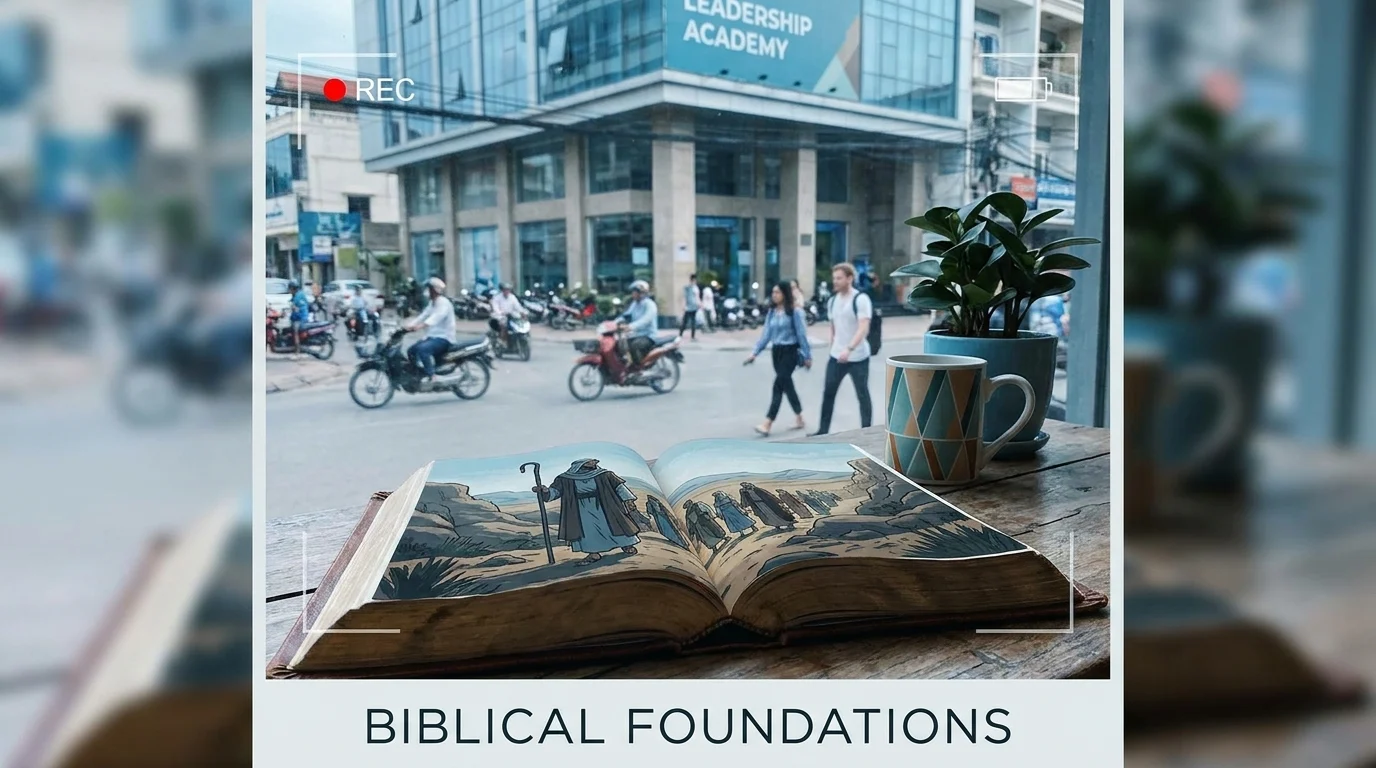 Open Bible with illustrated biblical scene, set against a Leadership Academy building, captioned "Biblical Foundations