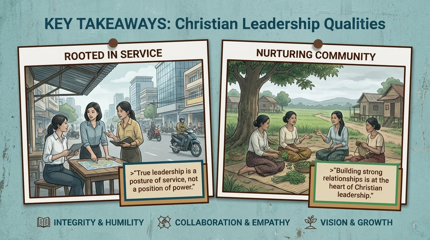 Key Takeaways infographic on Christian Leadership Qualities highlighting Rooted in Service, Nurturing Community, Integrity & Humility, Collaboration & Empathy, and Vision & Growth