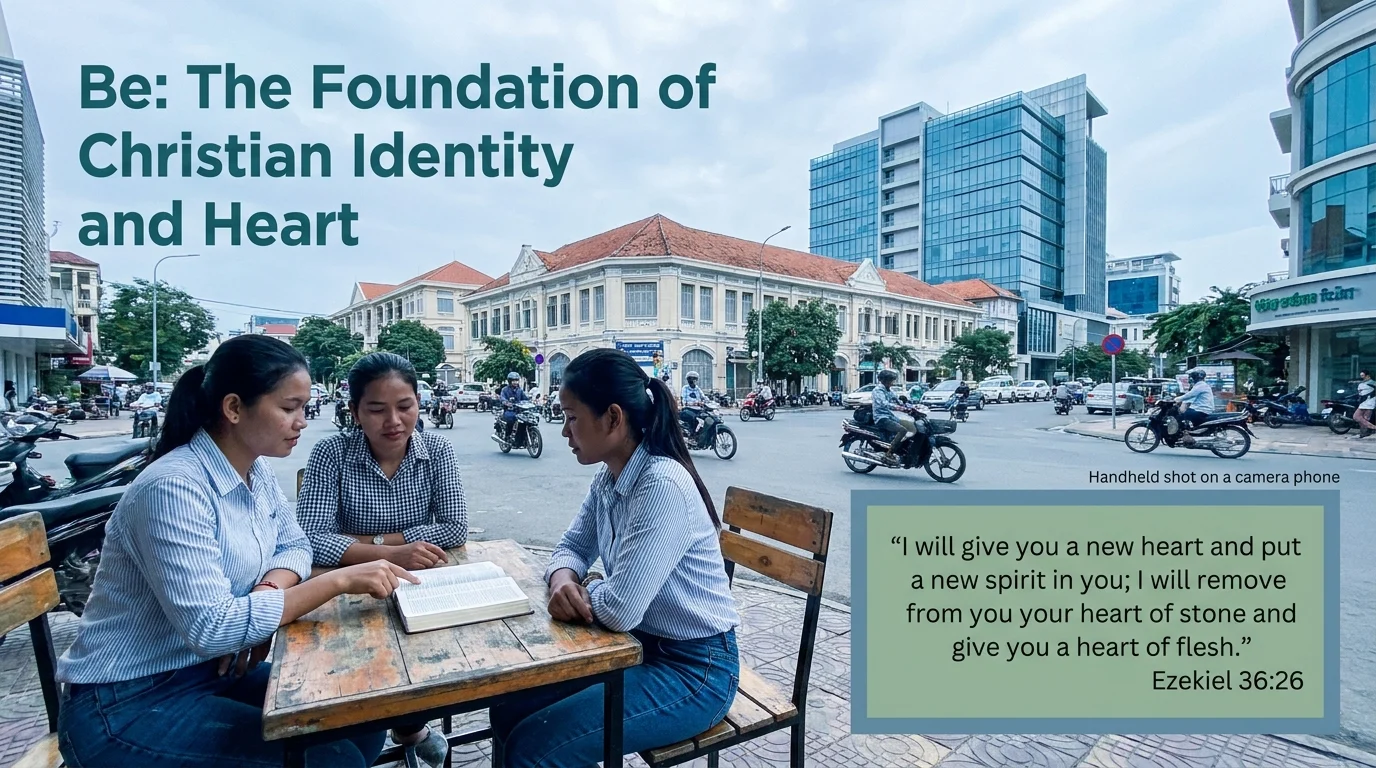 Three young women studying a Bible together at an outdoor table on a busy city street, with Ezekiel 36:26 quoted alongside