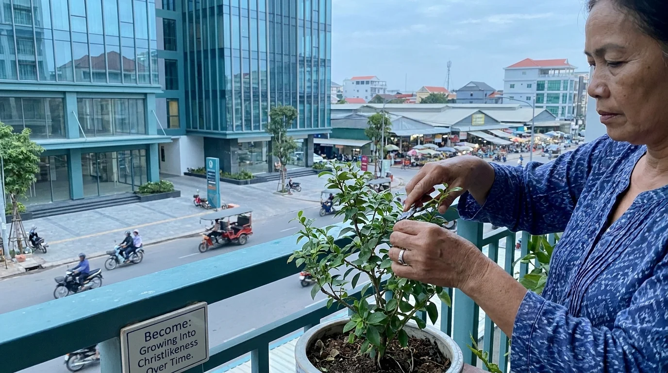 Woman tending a potted plant on a balcony overlooking a busy Southeast Asian street, beside a sign reading "Become: Growing Into Christlikeness Over Time